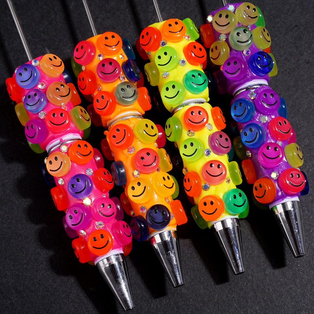 Beadable Clay Pens with Smiling Face Round and AB Rhinestone, Fluorescent Colors
