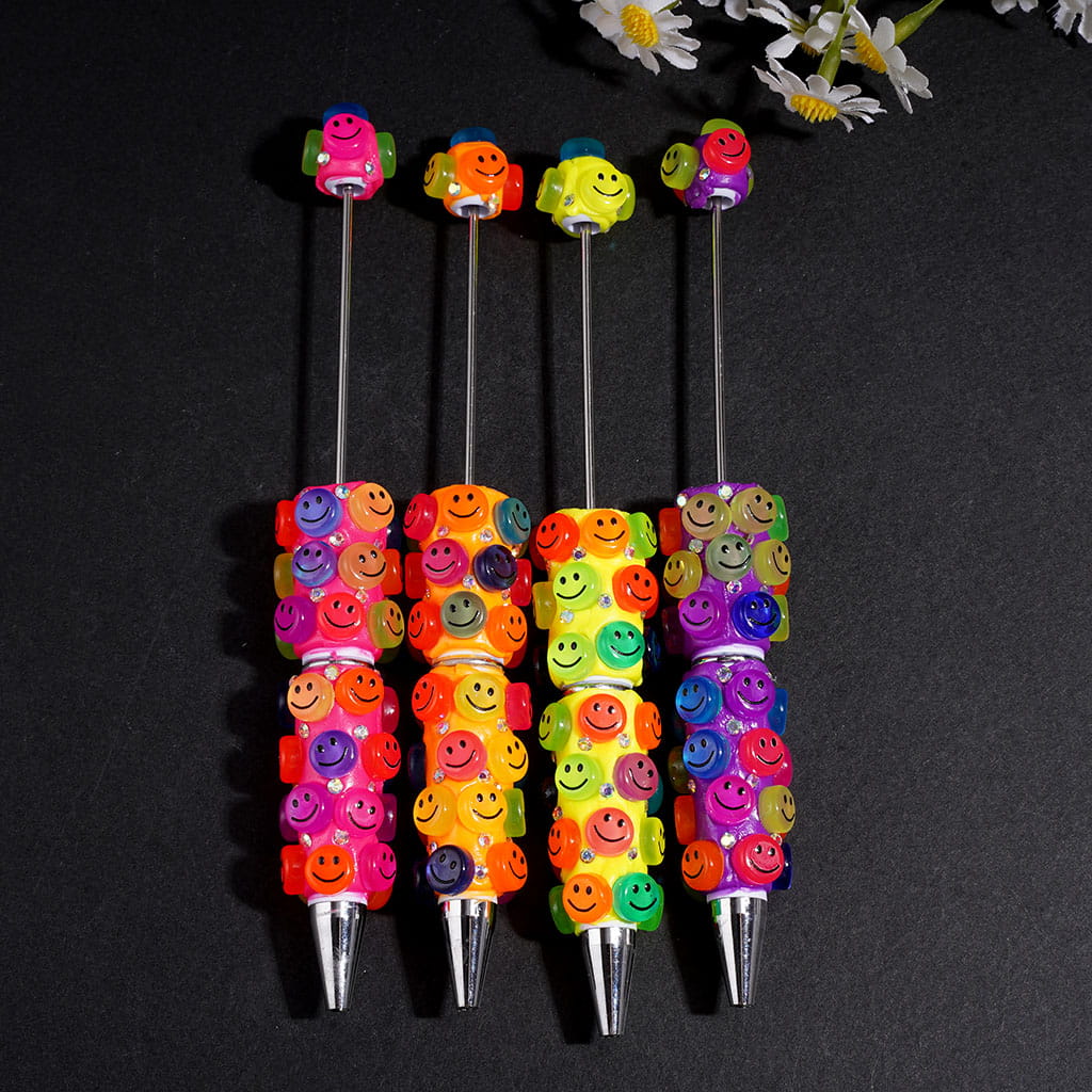 Beadable Clay Pens with Smiling Face Round and AB Rhinestone, Fluorescent Colors