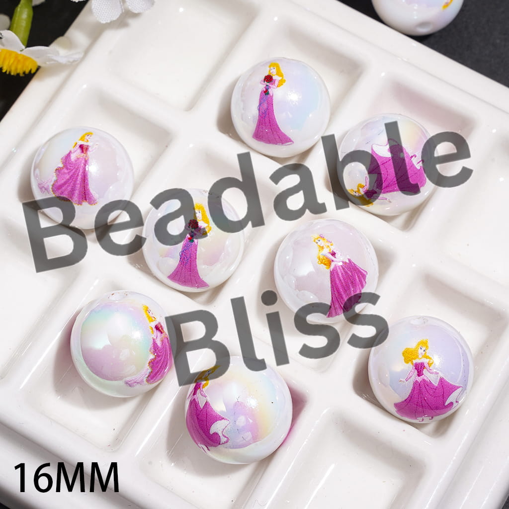 Acrylic Beads for Bracelets UV Coating with Sleeping Pretty Princess Character Series, 16MM, Random Mix