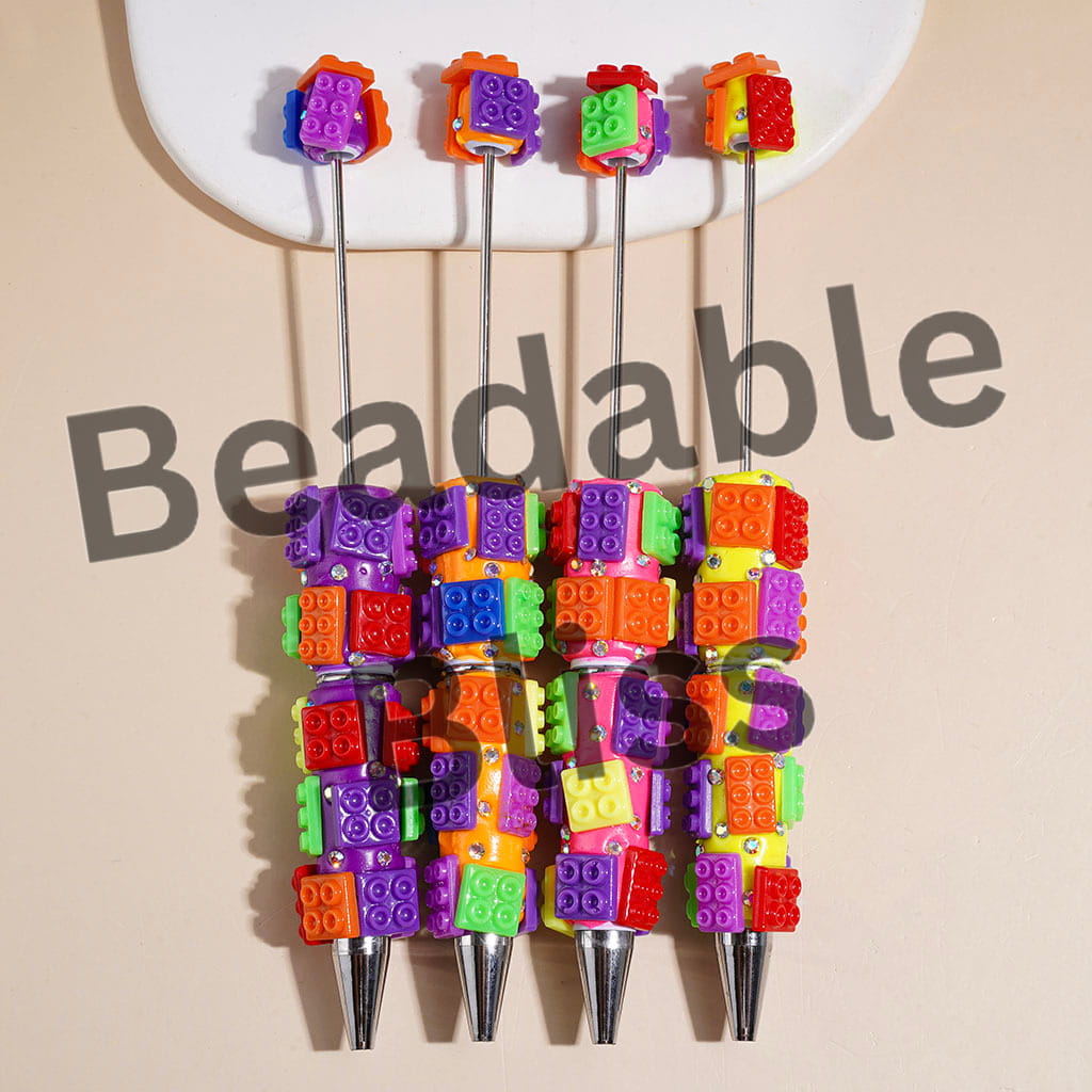 Beadable Clay Pens with Building Block Bricks Piece and AB Rhinestones, Fluorescent Colors Series