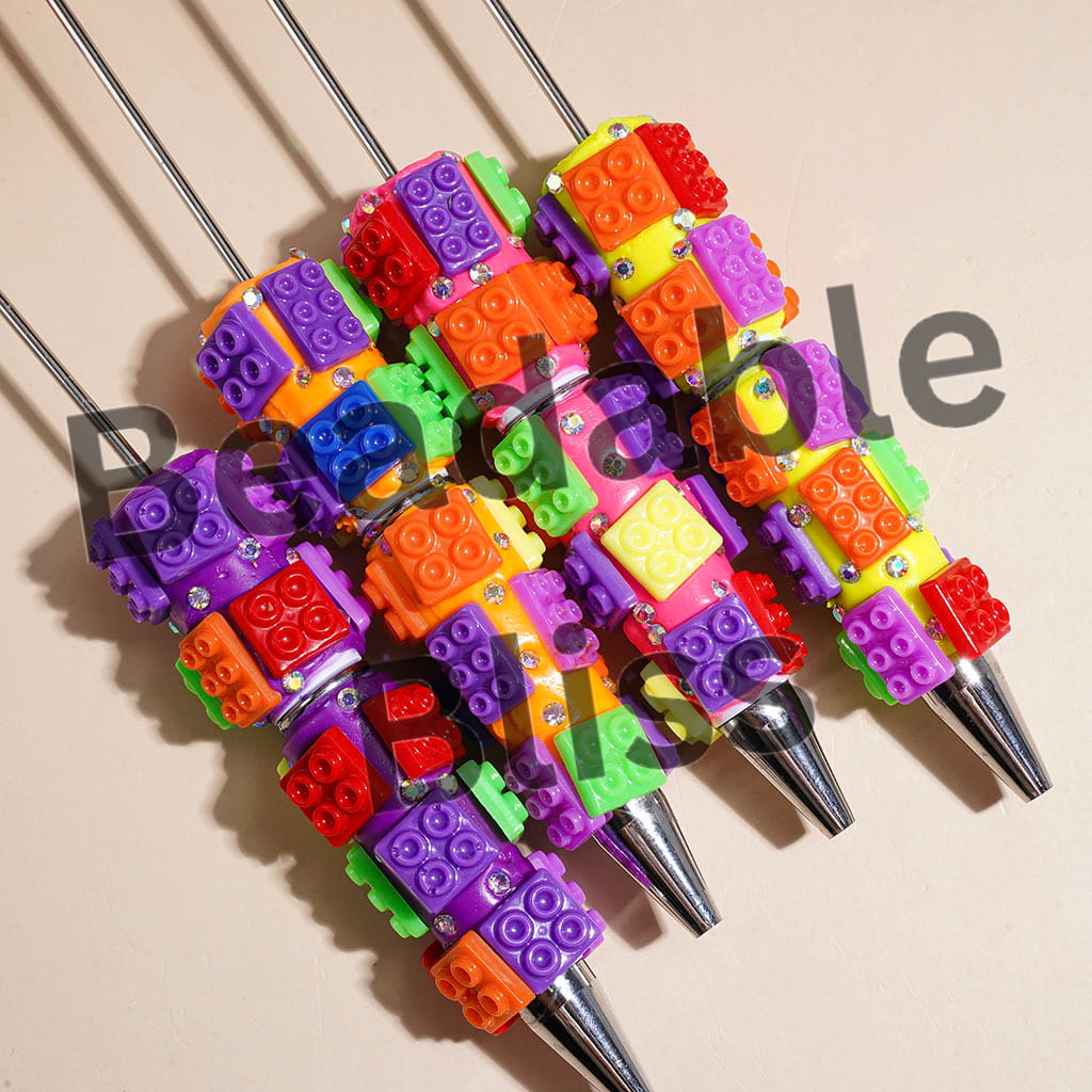 Beadable Clay Pens with Building Block Bricks Piece and AB Rhinestones, Fluorescent Colors Series