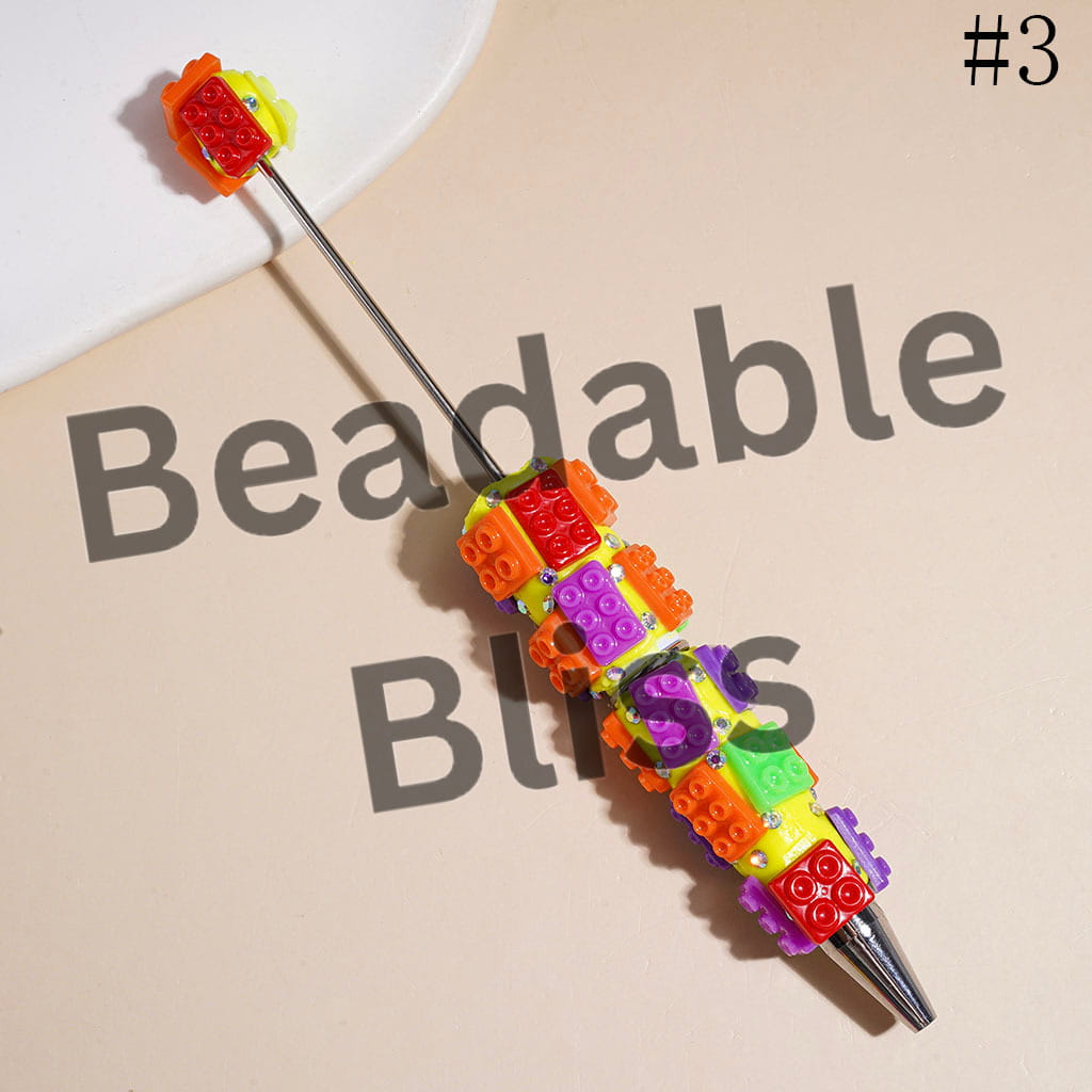 Beadable Clay Pens with Building Block Bricks Piece and AB Rhinestones, Fluorescent Colors Series
