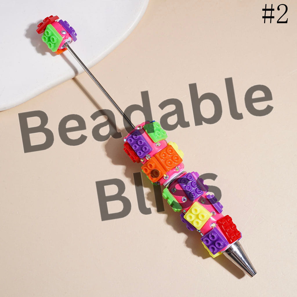 Beadable Clay Pens with Building Block Bricks Piece and AB Rhinestones, Fluorescent Colors Series