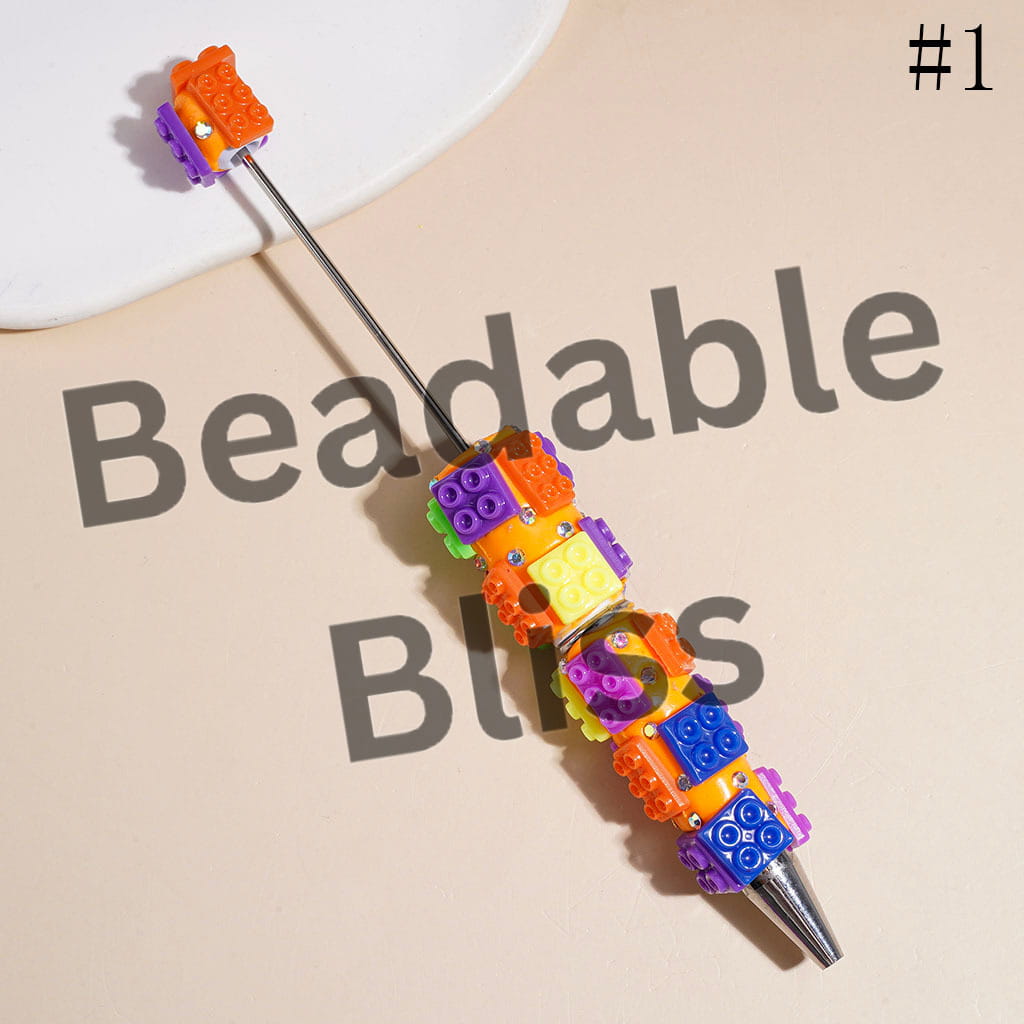 Beadable Clay Pens with Building Block Bricks Piece and AB Rhinestones, Fluorescent Colors Series