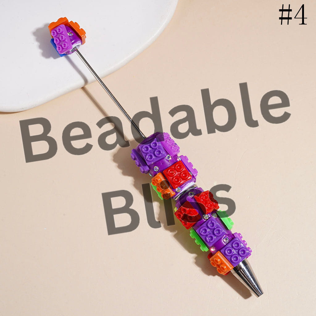Beadable Clay Pens with Building Block Bricks Piece and AB Rhinestones, Fluorescent Colors Series