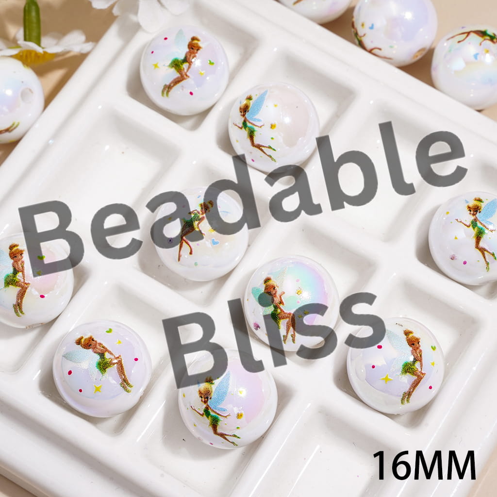 Acrylic Beads for Bracelets UV Coating with Flying Fairy Character Prints, 16MM, Random Mix