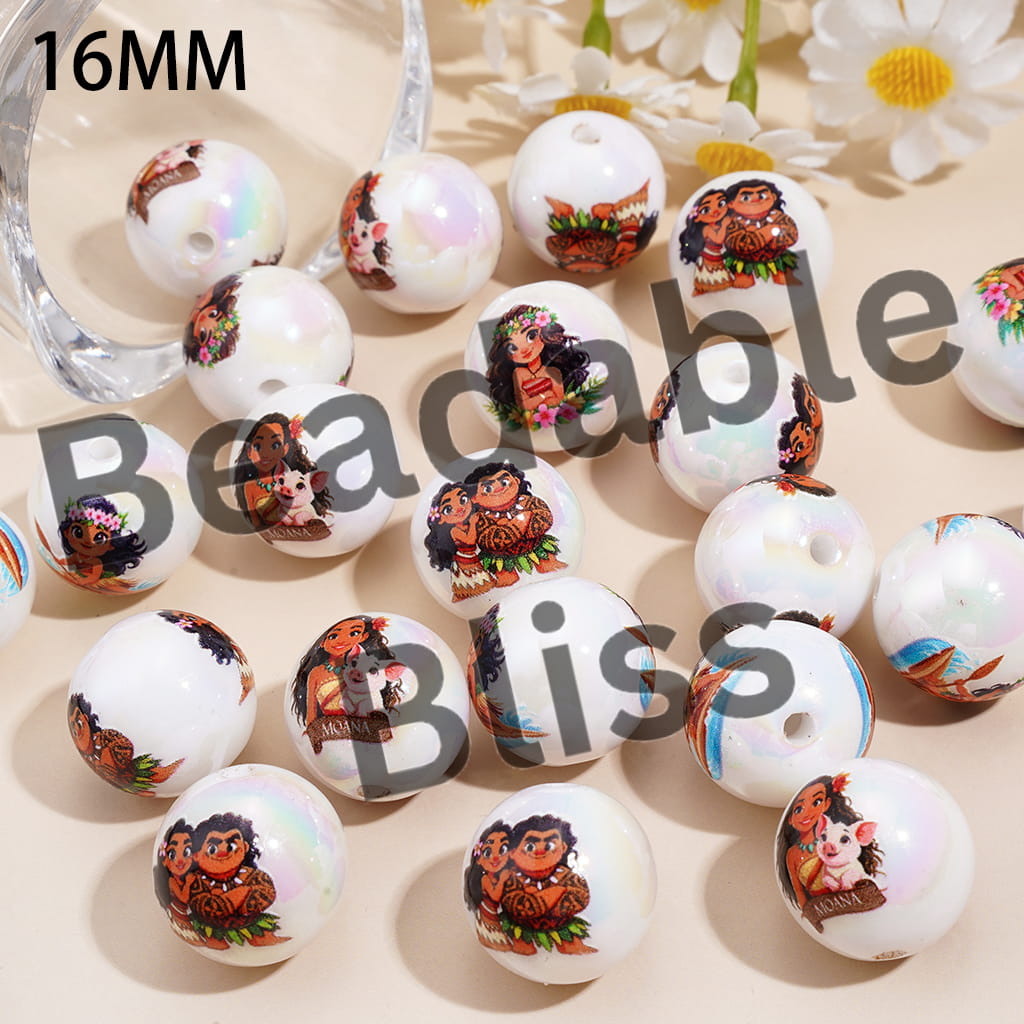Acrylic Beads for Bracelets UV Coating with Sea Navigator Adventure Girl Character Prints, 16MM, Random Mix