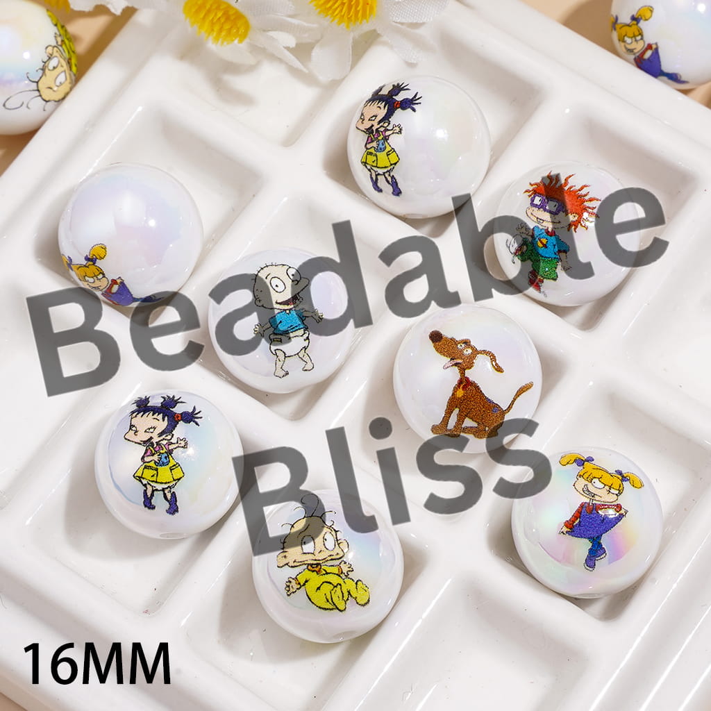Acrylic Beads for Bracelets UV Coating with Naughty Kids Character Series, 16MM, Random Mix