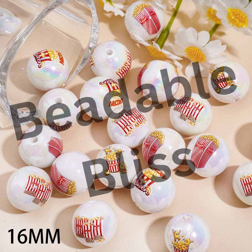 Acrylic Beads for Bracelets UV Coating with Popcorn Prints, 16MM, Random Mix