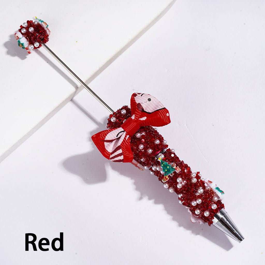 Handmade Christmas Decoration and Fabric Bowtie Sugar Beadable Pens with Cone Shaped Rhinestones White Pearl Tiny Bubble Ball Covering the Entire Pen, Red Green
