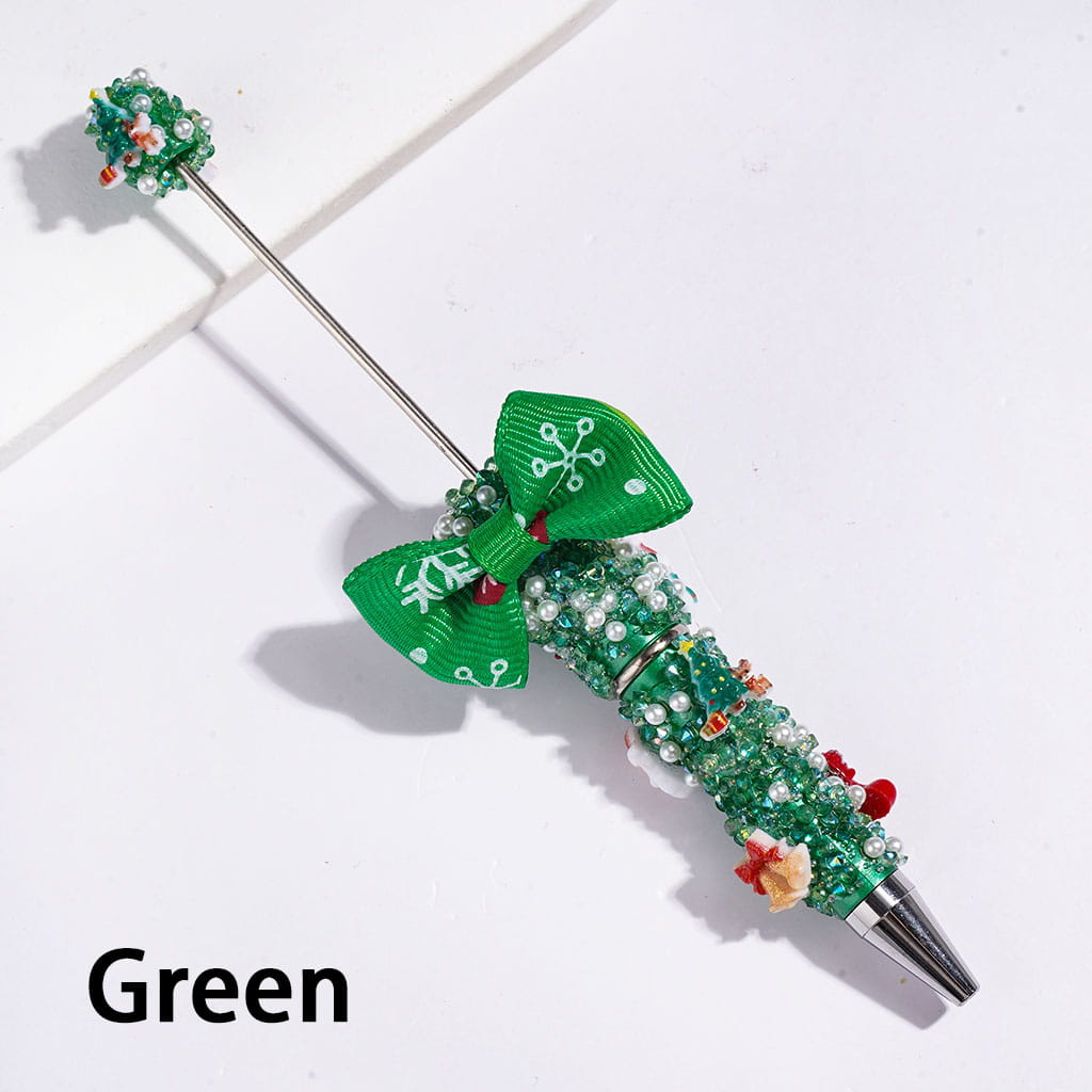 Handmade Christmas Decoration and Fabric Bowtie Sugar Beadable Pens with Cone Shaped Rhinestones White Pearl Tiny Bubble Ball Covering the Entire Pen, Red Green