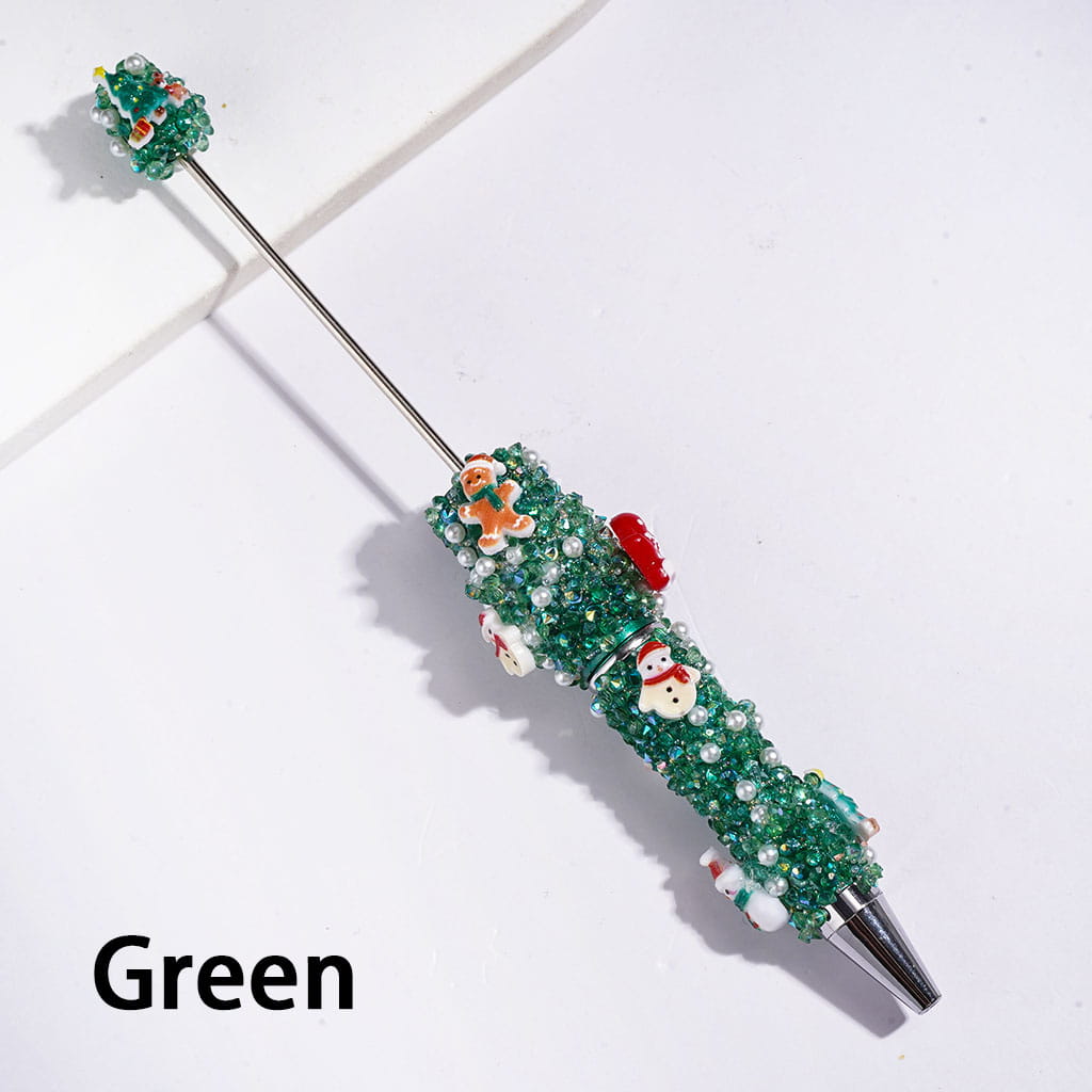 Christmas Tree Santa Claus Snowman Candy Cane Handmade Sugar Beadable Pens with Cone Shaped Rhinestones Tiny Bubble Ball White Pearl Covering the Entire Pen, Red Green