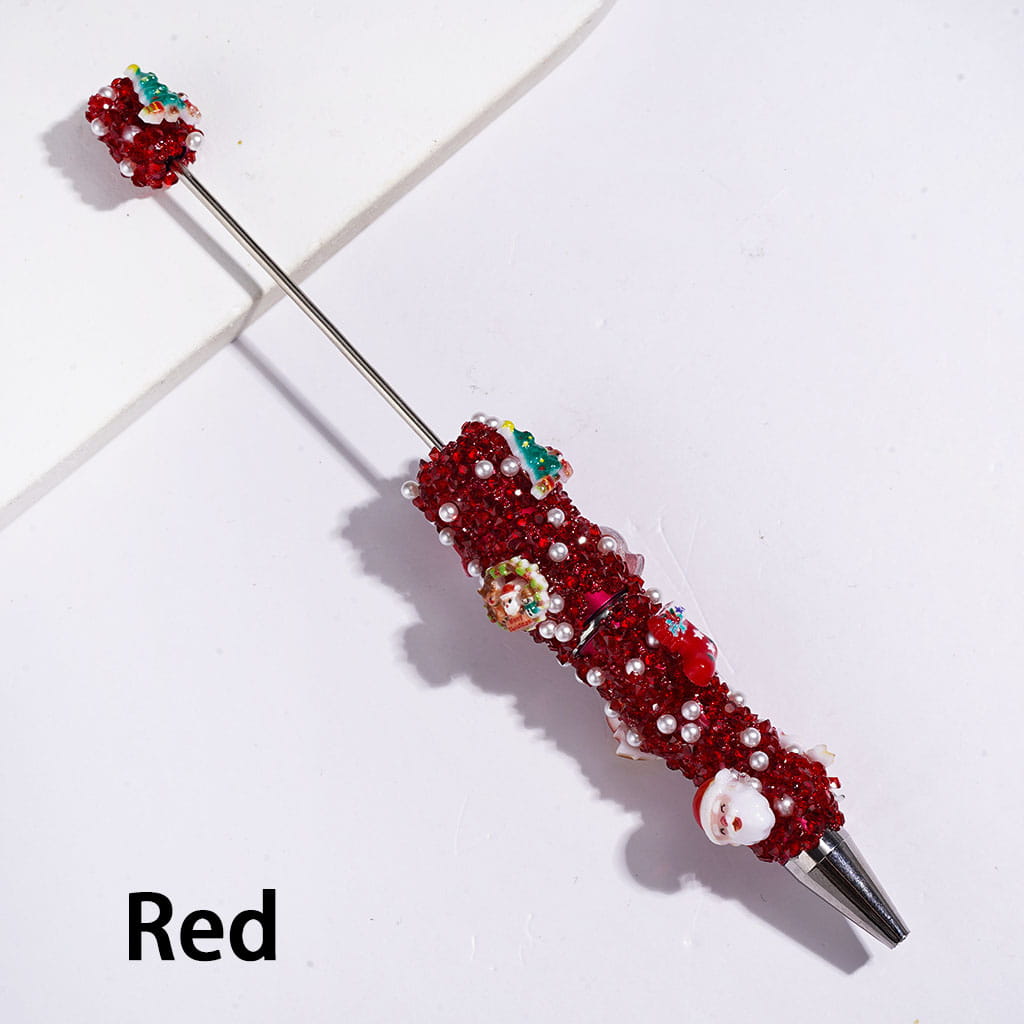 Christmas Tree Santa Claus Snowman Candy Cane Handmade Sugar Beadable Pens with Cone Shaped Rhinestones Tiny Bubble Ball White Pearl Covering the Entire Pen, Red Green