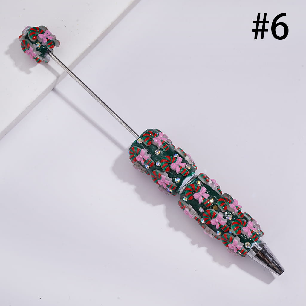 Christmassy Beadable Clay Pens with Christmas Items Series and AB Rhinestones, Green Pen Body