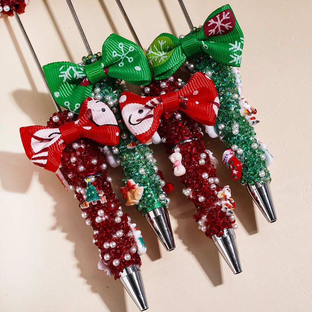 Handmade Christmas Decoration and Fabric Bowtie Sugar Beadable Pens with Cone Shaped Rhinestones White Pearl Tiny Bubble Ball Covering the Entire Pen, Red Green