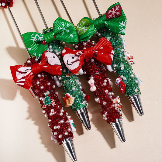 Christmas Handmade Sugar Beadable Pens with Red & Green Cone Shaped Rhinestones & White Pearl, Random Mix
