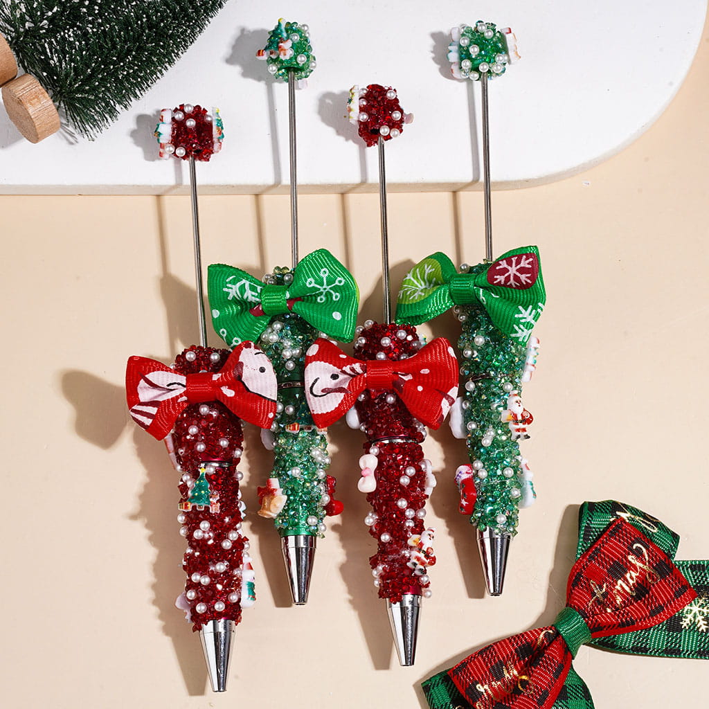 Handmade Christmas Decoration and Fabric Bowtie Sugar Beadable Pens with Cone Shaped Rhinestones White Pearl Tiny Bubble Ball Covering the Entire Pen, Red Green