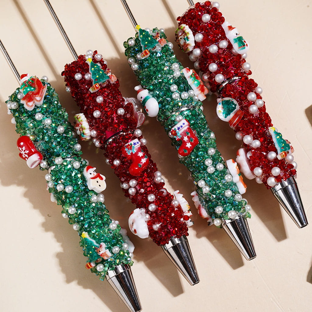 Christmas Tree Santa Claus Snowman Candy Cane Handmade Sugar Beadable Pens with Cone Shaped Rhinestones Tiny Bubble Ball White Pearl Covering the Entire Pen, Red Green