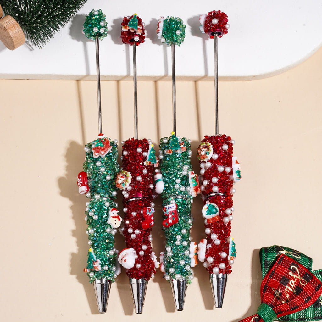Christmas Tree Santa Claus Snowman Candy Cane Handmade Sugar Beadable Pens with Cone Shaped Rhinestones Tiny Bubble Ball White Pearl Covering the Entire Pen, Red Green
