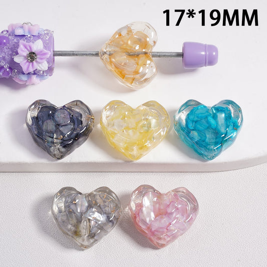 Mini Gold Foil & Broken Shell Inside Heart Shape Acrylic Beads 17*19MM, Random Mix
