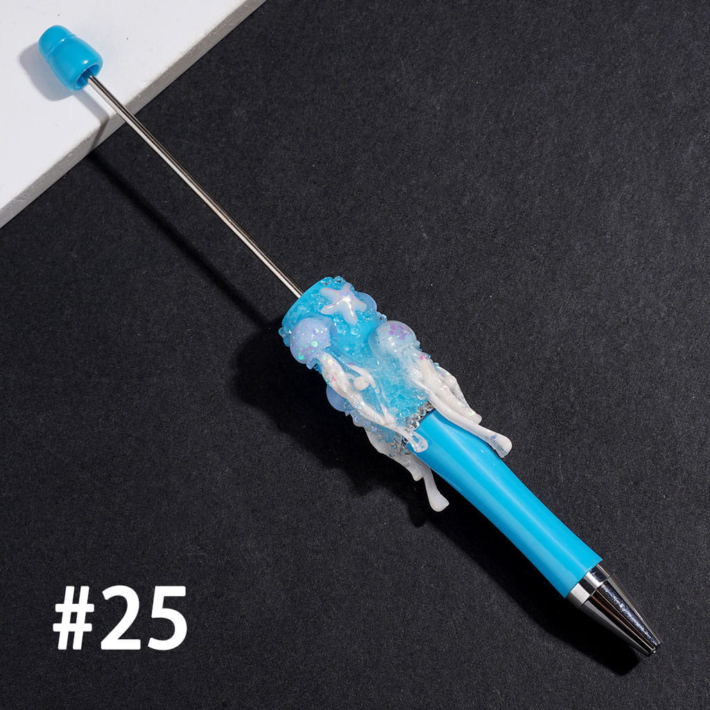 Hand-Made Beadable Sugar Clay Pens w UV-Coated Jellyfish & Broken Rhinestones & Ocean Creature Covered the Entire Pens, Multi-color
