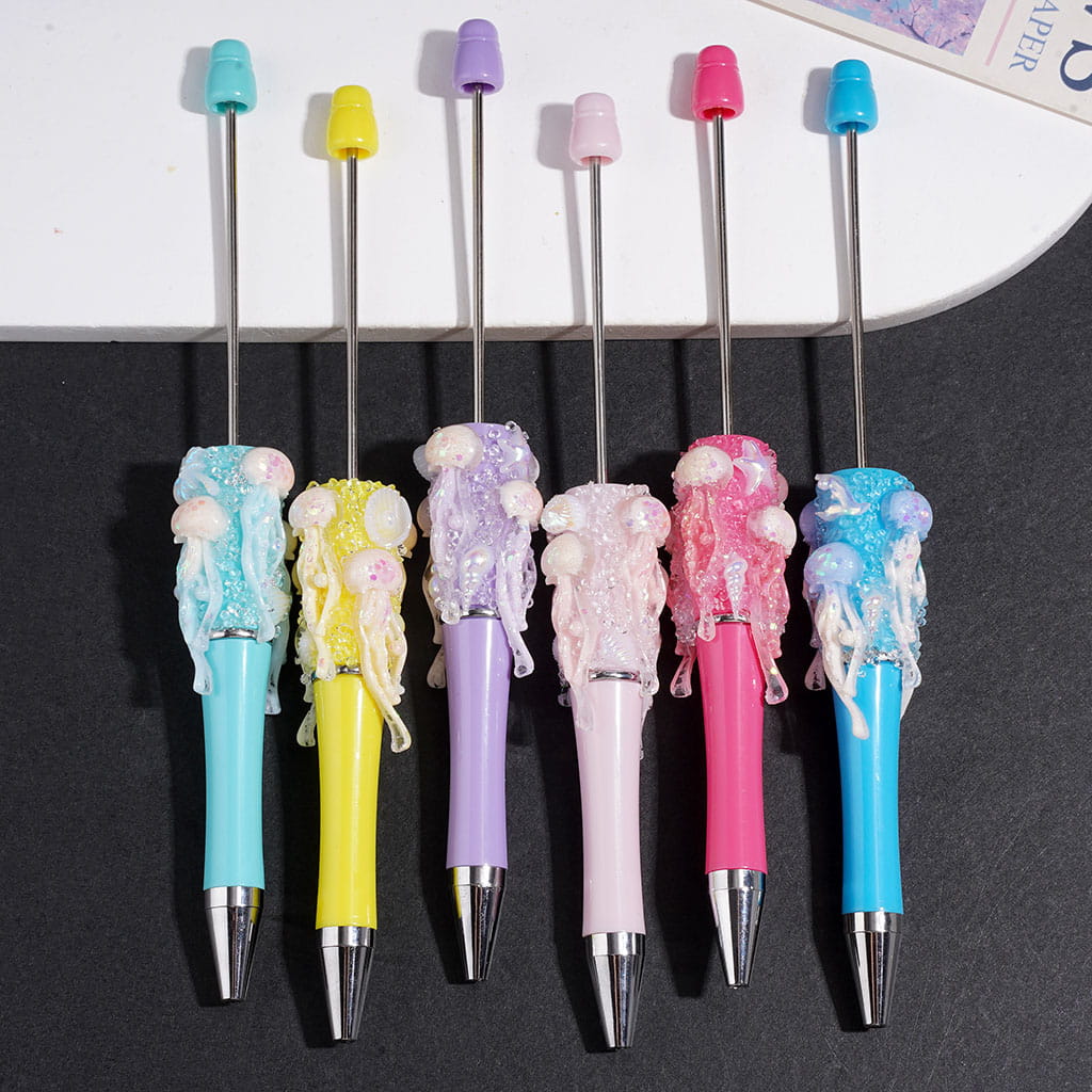 Hand-Made Beadable Sugar Clay Pens w UV-Coated Jellyfish & Broken Rhinestones & Ocean Creature Covered the Entire Pens, Multi-color