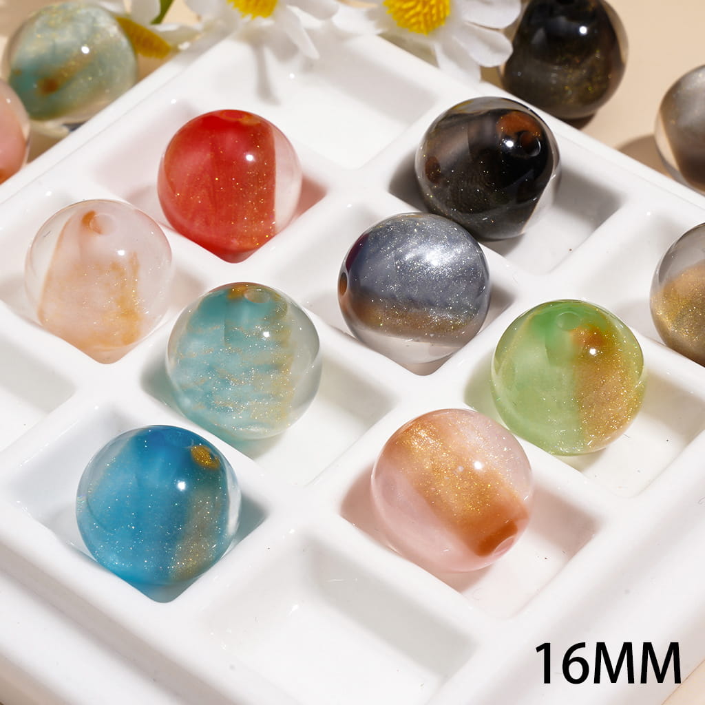 Acrylic Beads for Bracelets with Gold Glitter in Sandy Flow Effect, 16MM, Semi-Clear, Random Mix