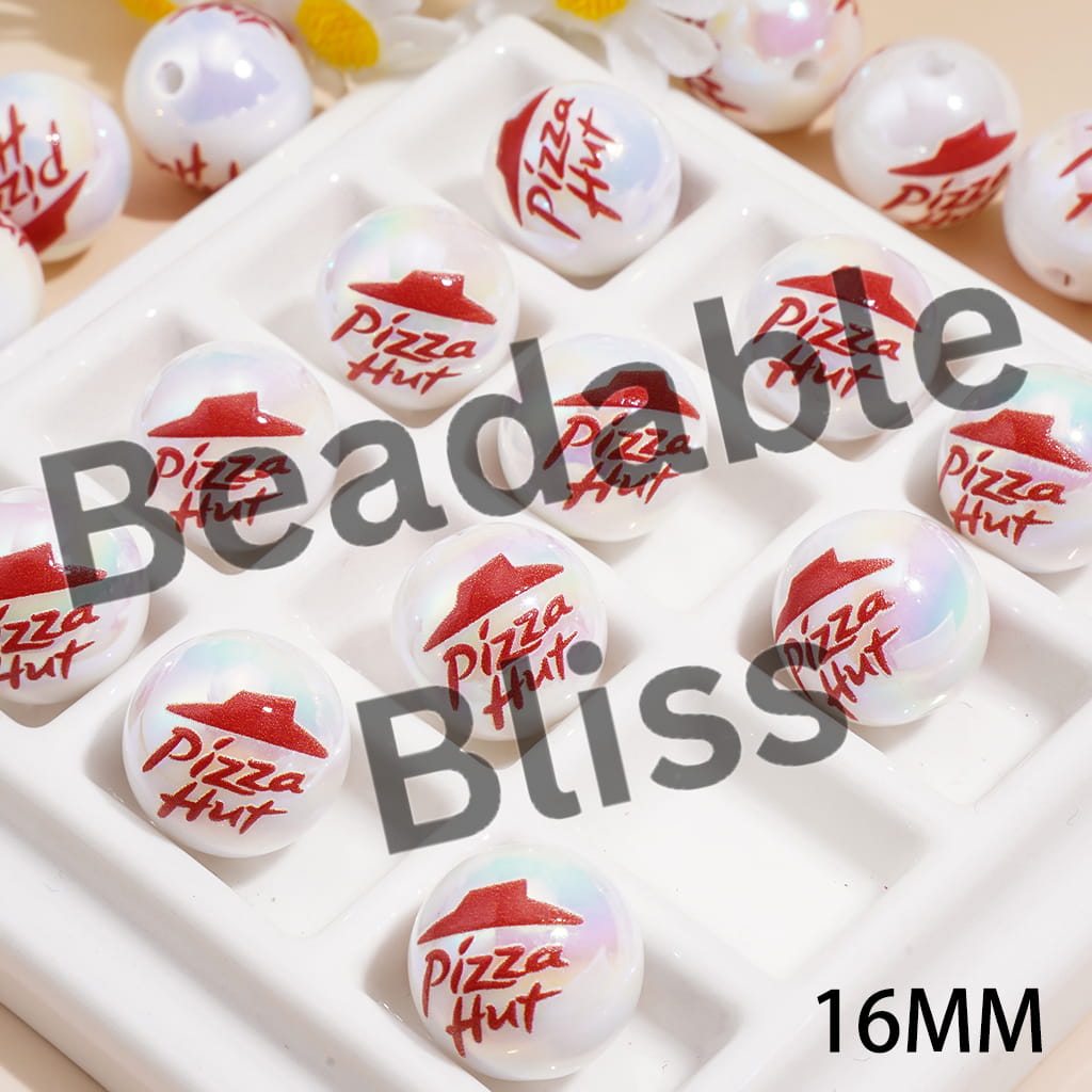 Acrylic Beads for Bracelets UV Coating with Text "Pizza..." in Food Theme, 16MM