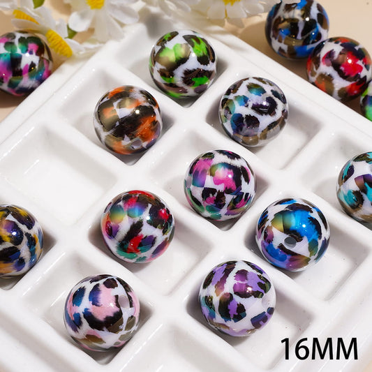 UV Coated Wild Animal Print Leopard Design Round Shaped Acrylic Beads for Bracelet 16MM Random Mix