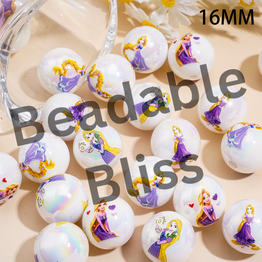 Acrylic Beads for Bracelets UV Coating with Golden-Haired Princess Character Prints, 16MM, Random Mix