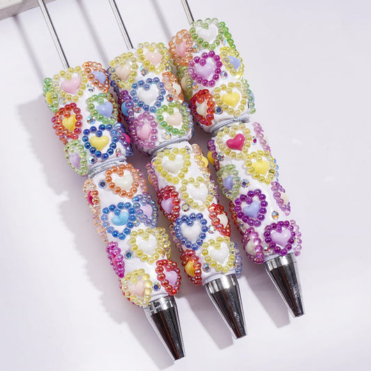 UV Coating Solid Hearts & AB Rhinestones with Hollow Heart Pearl Spacers Beadable Clay Pens