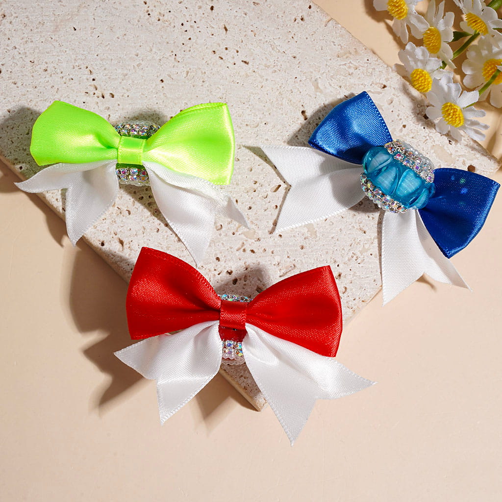 Dual Colors Fabric Bowtie Handmade Acrylic Beads, Glittery Heart and AB Rhinestone Chains, White Pearl Loop, Multicolor, Random Mix