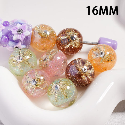Gold Alloy Bowknot Butterfly Clear Rhinestones Colorful Glitter Inside, Acrylic Beads 16MM, Random Mix