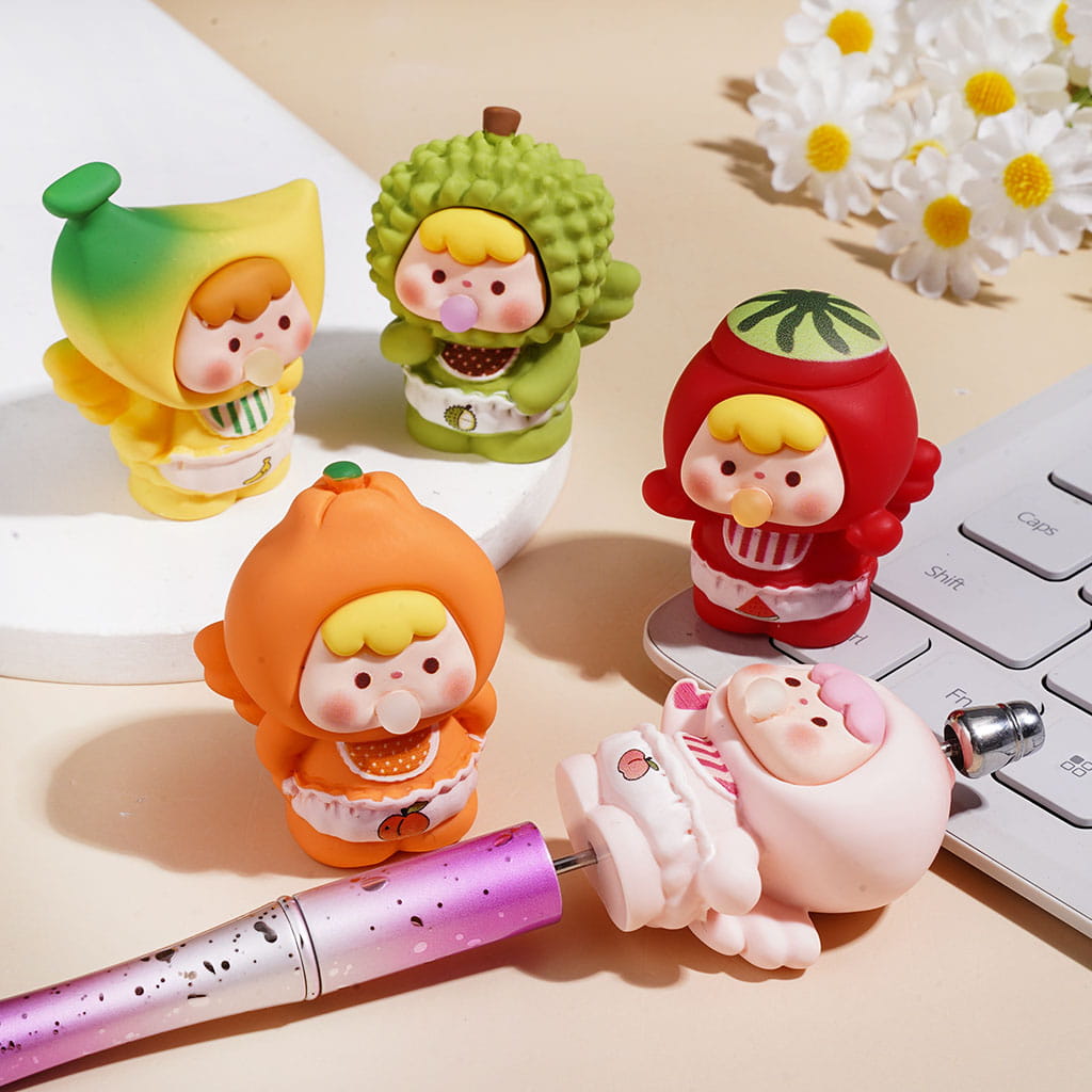 43-49MM | Rubbery Feel Acrylic Beads for Figurine and Pen Topper, Baby Blowing Bubble in Watermelon Banana Orange Peach Durian Costume, Random Mix