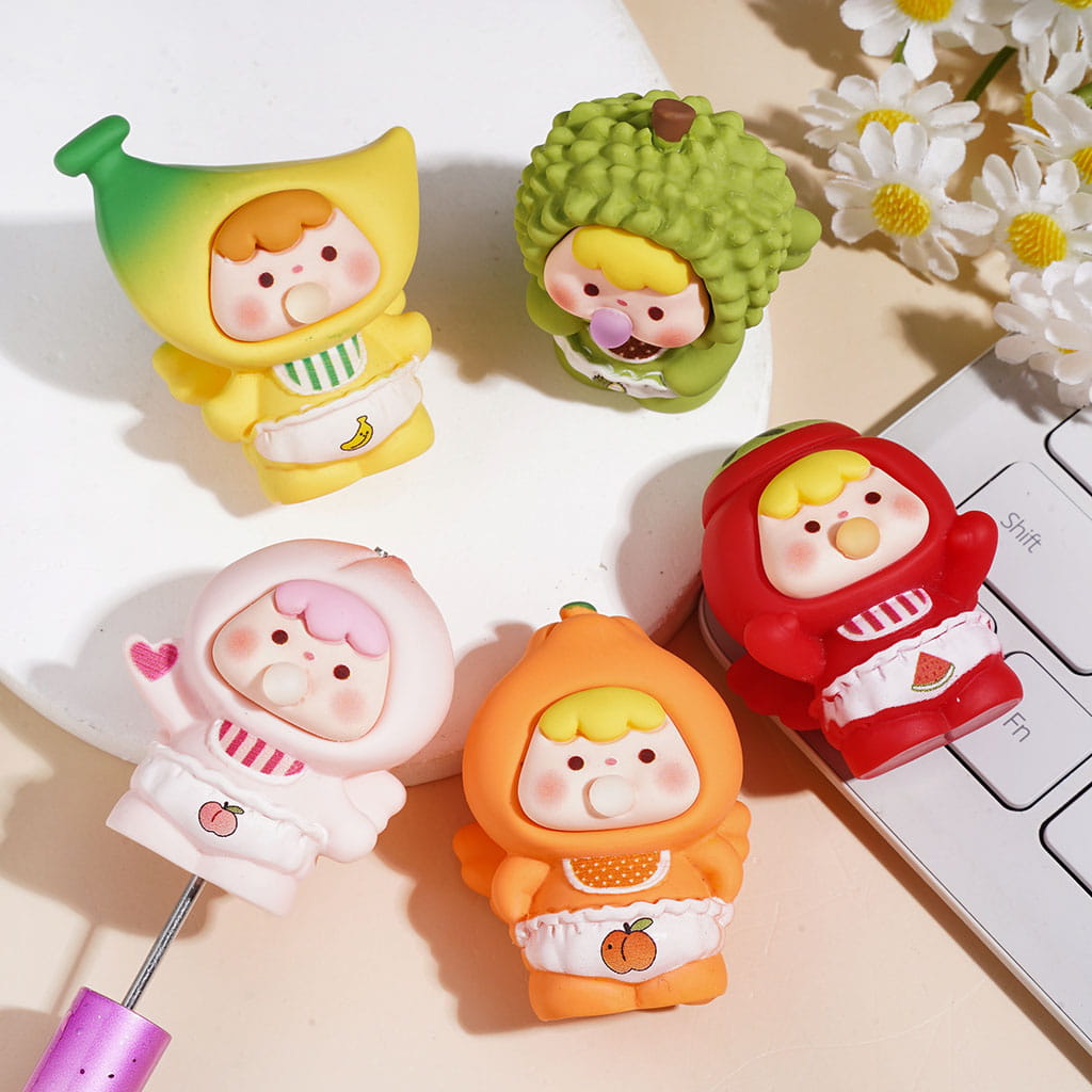 43-49MM | Rubbery Feel Acrylic Beads for Figurine and Pen Topper, Baby Blowing Bubble in Watermelon Banana Orange Peach Durian Costume, Random Mix