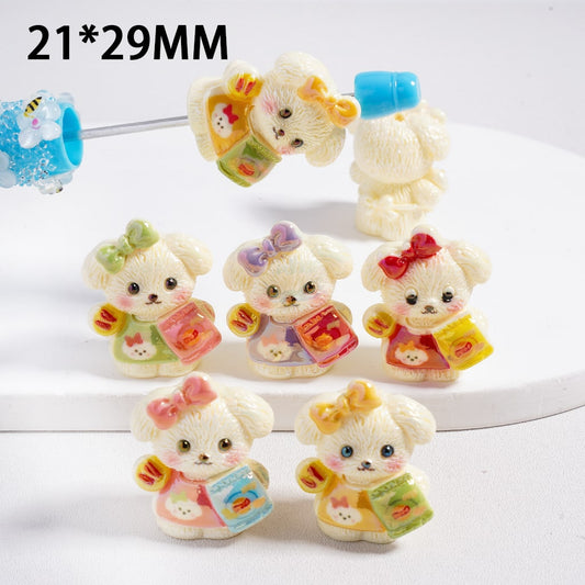 UV Coated Cute Yellow Puppy Dog Holding Chips Acrylic Beads 21*29MM, Random Mix