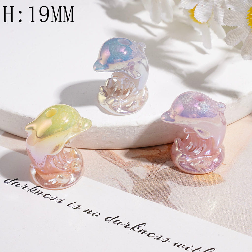 Dreamy Acrylic Beads UV Coating Dolphin with Glitter and Wave Base, Height 19MM, Ombre Pastel Colors, Random Mix