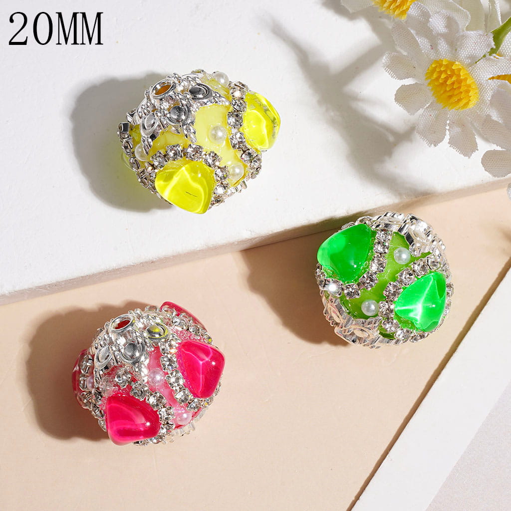 Hand-Made Acrylic Beads with Silver Glitter & Rounded Square Rhinestones, Clear Rhinestone Chains & White Pearls, 20MM, Various Colors, Random Mix