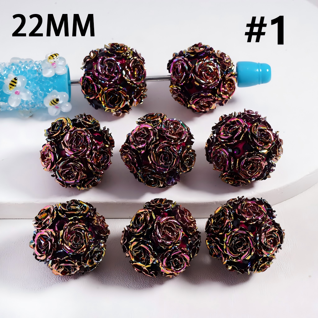 UV Coated Shiny Floral Purple & Red Flower with Rhinestones Round Clay Beads