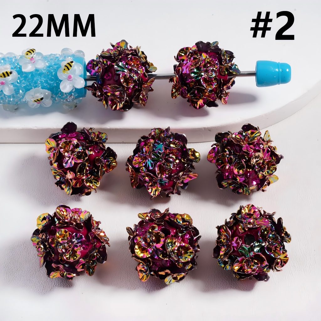 UV Coated Shiny Floral Purple & Red Flower with Rhinestones Round Clay Beads