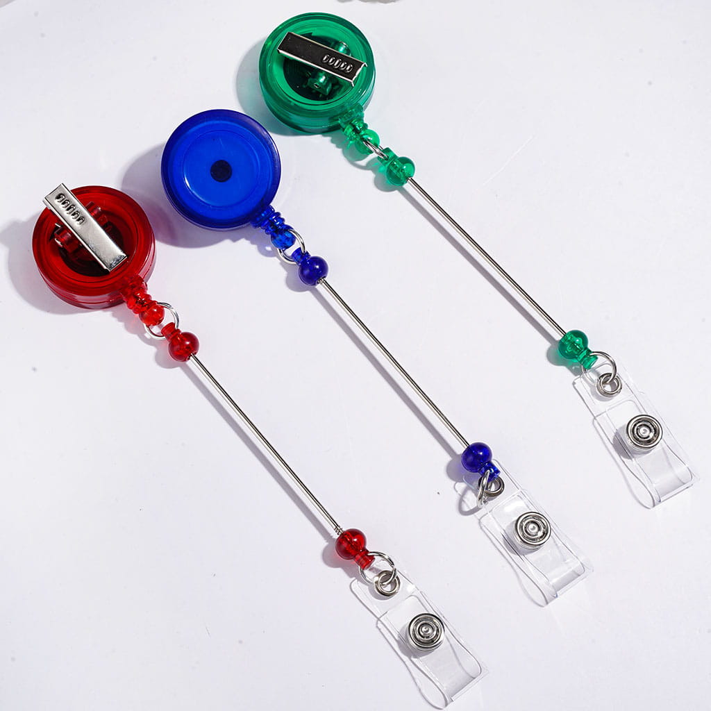 DIY Creative Beaded Retractable Back Badge Holder Reels with Rotating Crocodile Clip & Keychain Bar, Clear, Multicolor