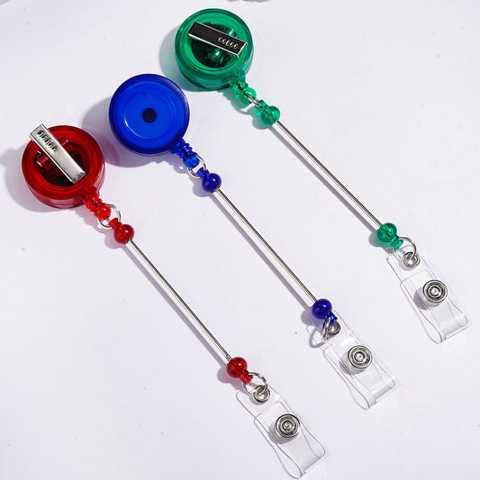 Retractable Back Badge Holder Reel with Colorful Beads, DIY Creative Beaded Rotating Crocodile Metal Clip