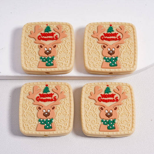 Beige Square Merry Christmas Deer Beige Color Silicone Focal Beads