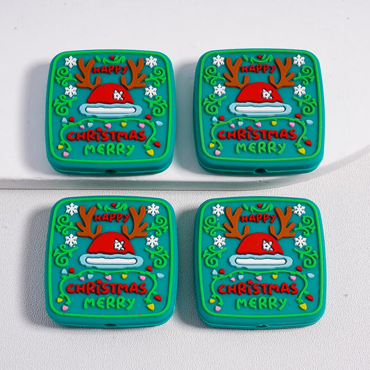 Merry Christmas Green Deer Horn Square Shape Silicone Focal Bead