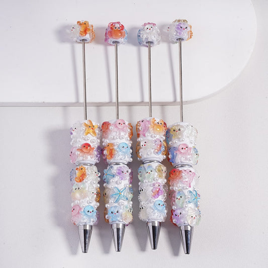 Marine Life Designs Starfish, Seahorse, Crab, Octopus, Sea Snail, Dolphin Animals and White Pearls Beadable Clay Pen