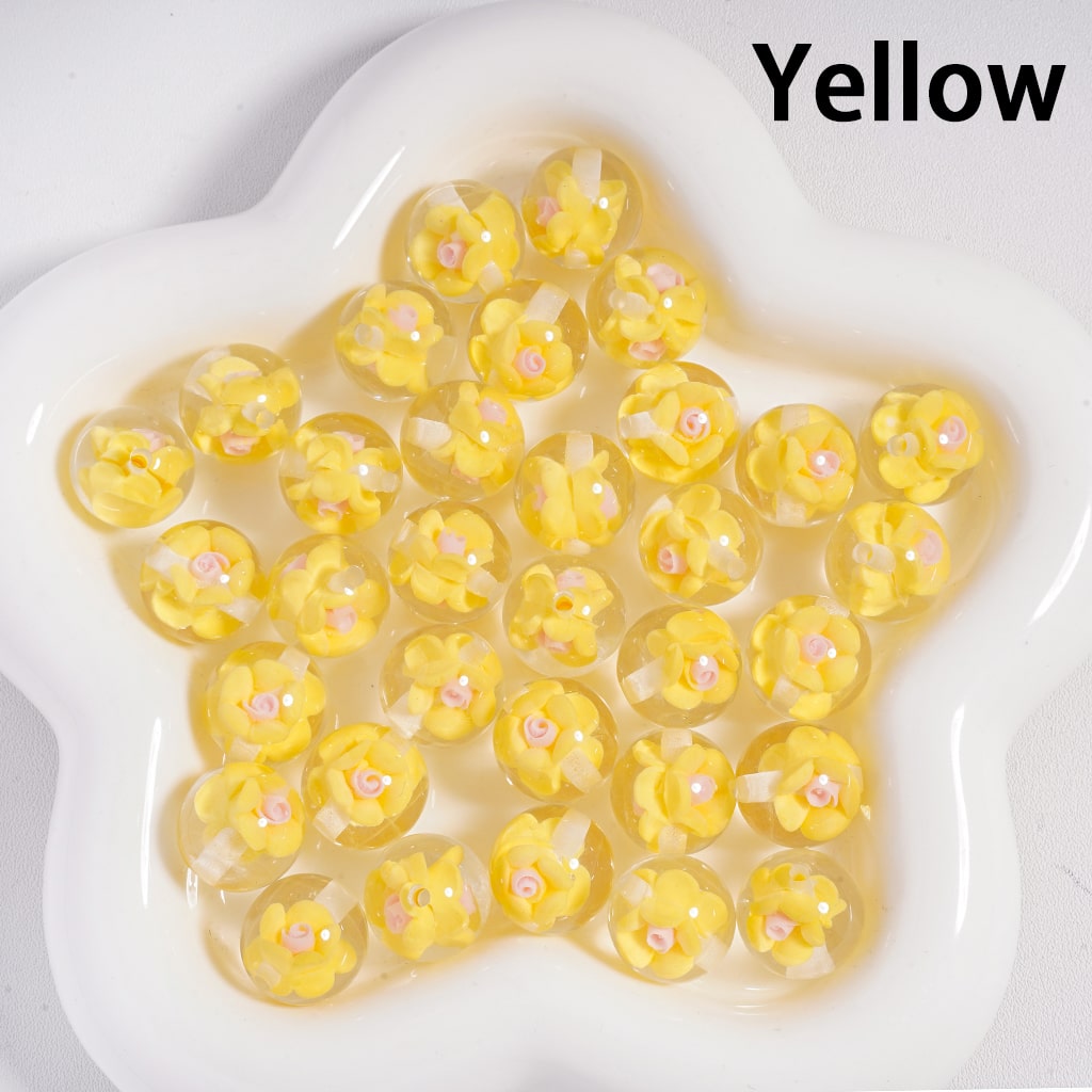Luminous Mini Cute Colorful Bloom Flowers Inside, Clear Round Acrylic Beads 16MM