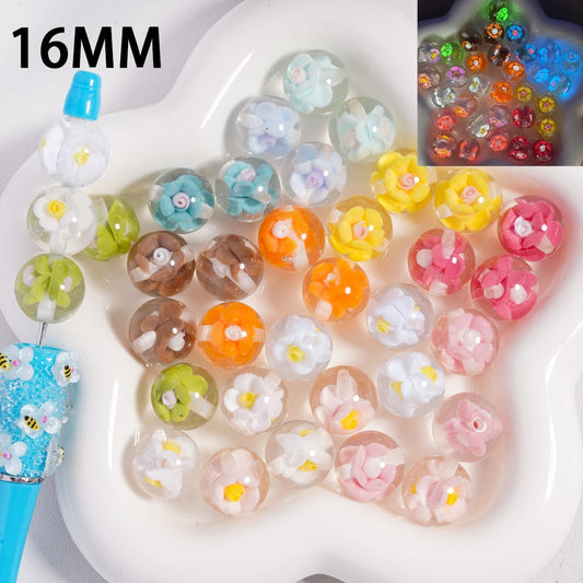 Luminous Mini Cute Colorful Bloom Flowers Inside, Clear Round Acrylic Beads 16MM