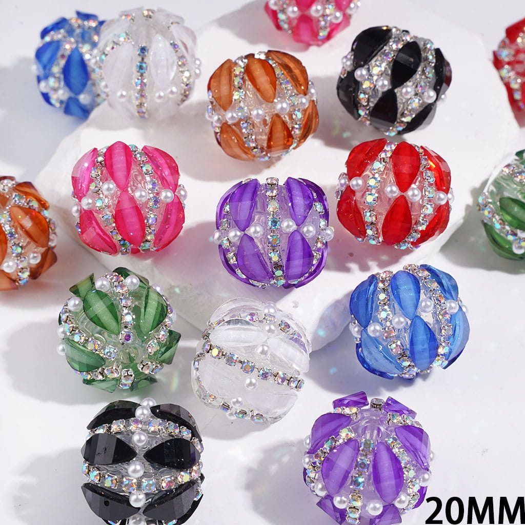 Sparkling Marquise Cut Rhinestones with Glitter, AB Rhinestone Chains and White Pearls Handmade Acrylic Beads, 20MM, Multicolor