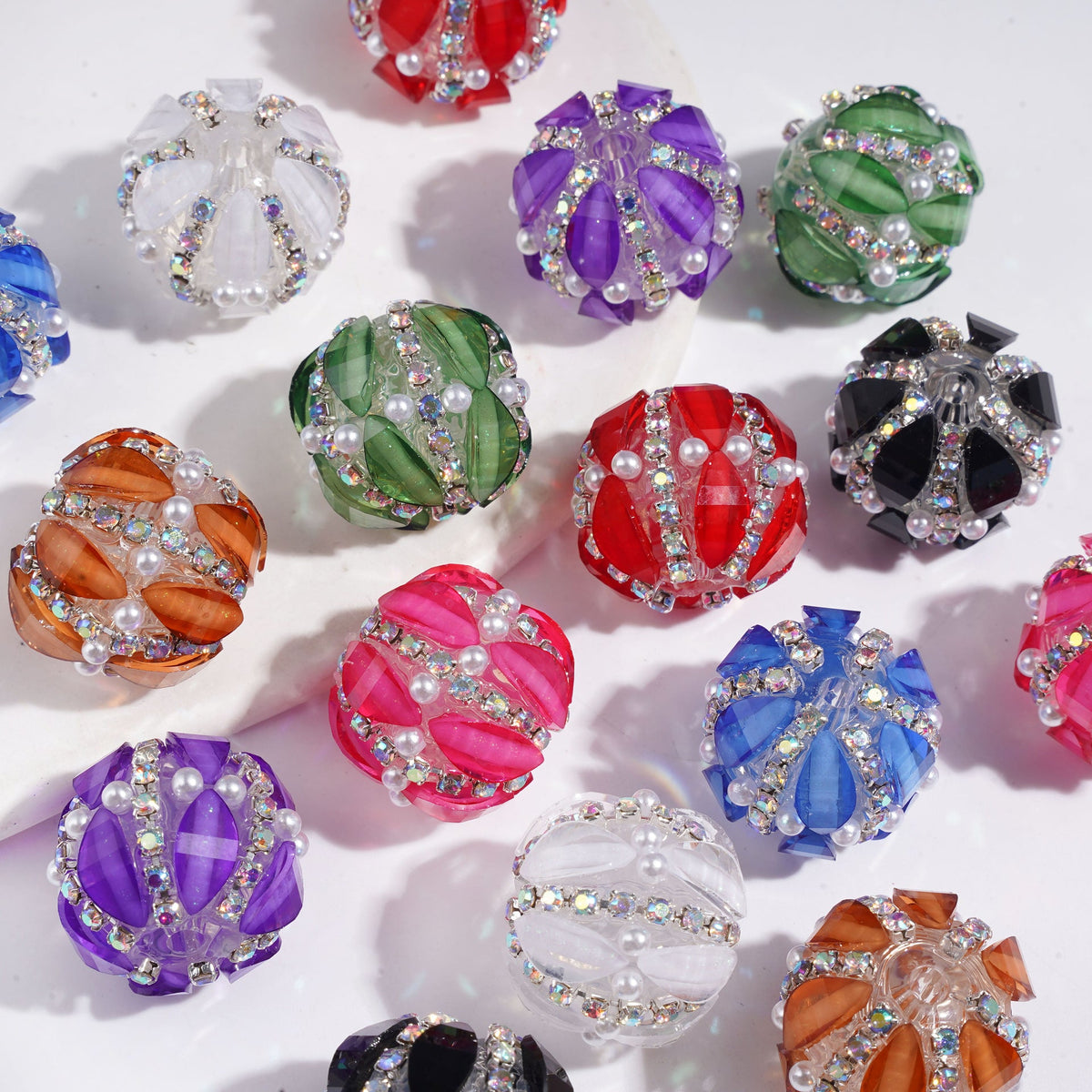 Sparkling Marquise Cut Rhinestones with Glitter, AB Rhinestone Chains and White Pearls Handmade Acrylic Beads, 20MM, Multicolor