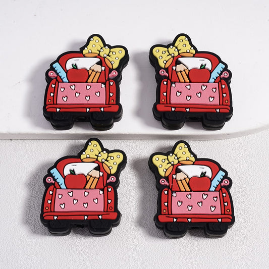 Cute School Truck with Bow, Pencil, Ruler & Apple Silicone Focal Beads